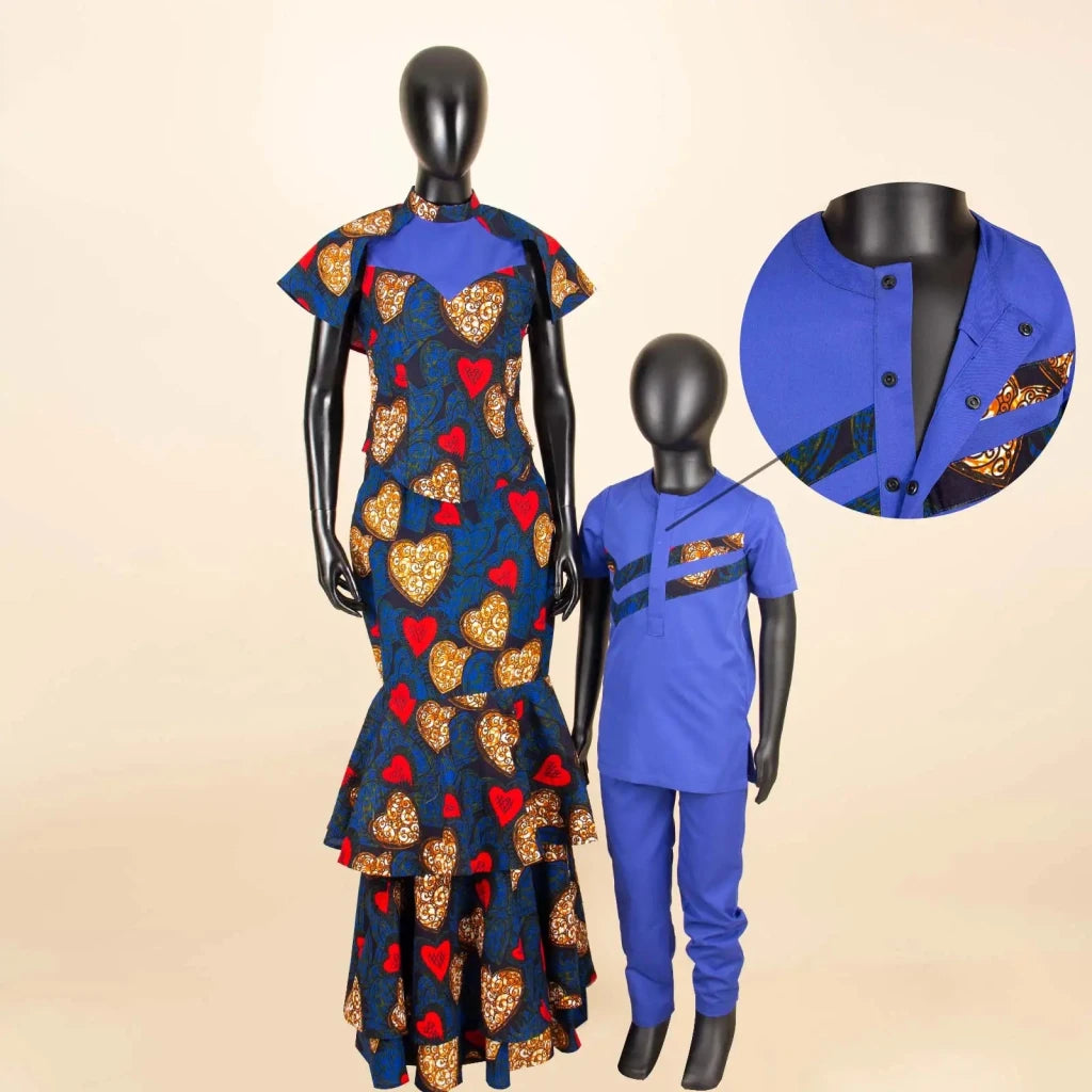 African Family Matching Outfits – Dashiki Women’s Long Mermaid Dress with Men & Boys Shirt and Pant Sets, - Free Delivery Worldwide only at Flexi Africa
