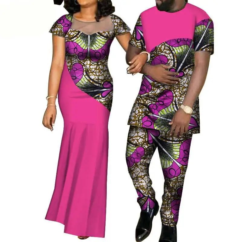 African Fashion Inspired Couples Ensemble: Women's Dress and Men's Suit Set - Flexi Africa - Flexi Africa offers Free Delivery Worldwide - Vibrant African traditional clothing showcasing bold prints and intricate designs