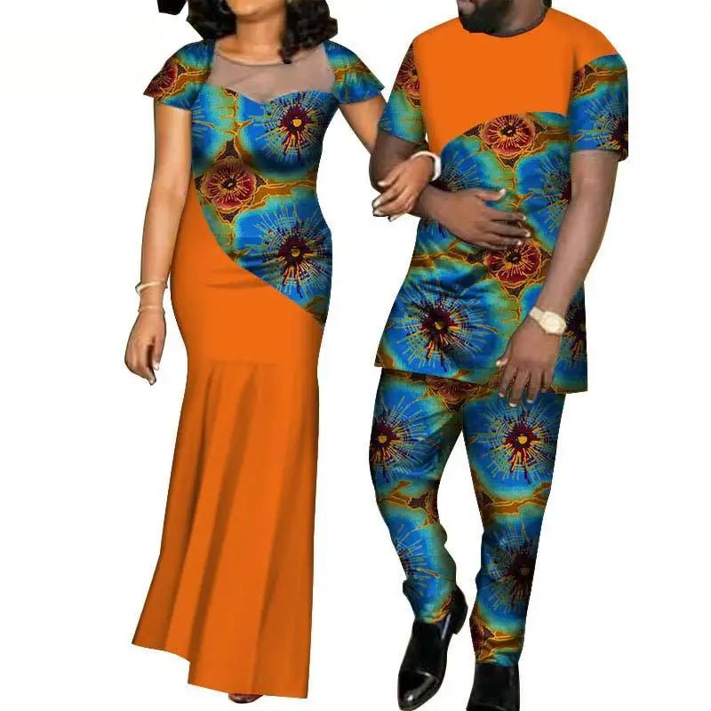 African Fashion Inspired Couples Ensemble: Women's Dress and Men's Suit Set - Flexi Africa - Flexi Africa offers Free Delivery Worldwide - Vibrant African traditional clothing showcasing bold prints and intricate designs