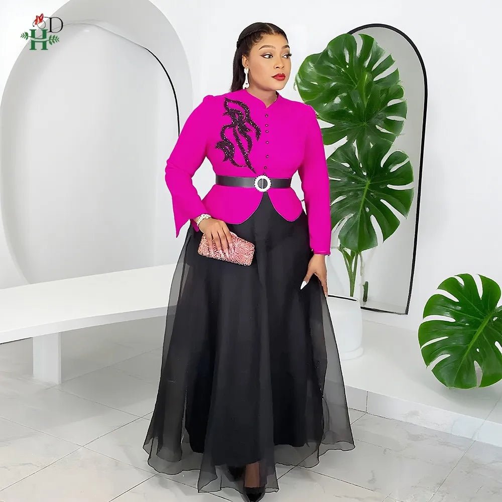 African Fashion Plus Size Long Sleeve Dress – Elegant Gauze Gown for Weddings and Daily Wear - Free Delivery Worldwide only at Flexi Africa