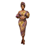 African Heritage Dress – Slim Fit Dashiki Gown with Puff Sleeves and Headwrap - Free Delivery Worldwide only at Flexi Africa