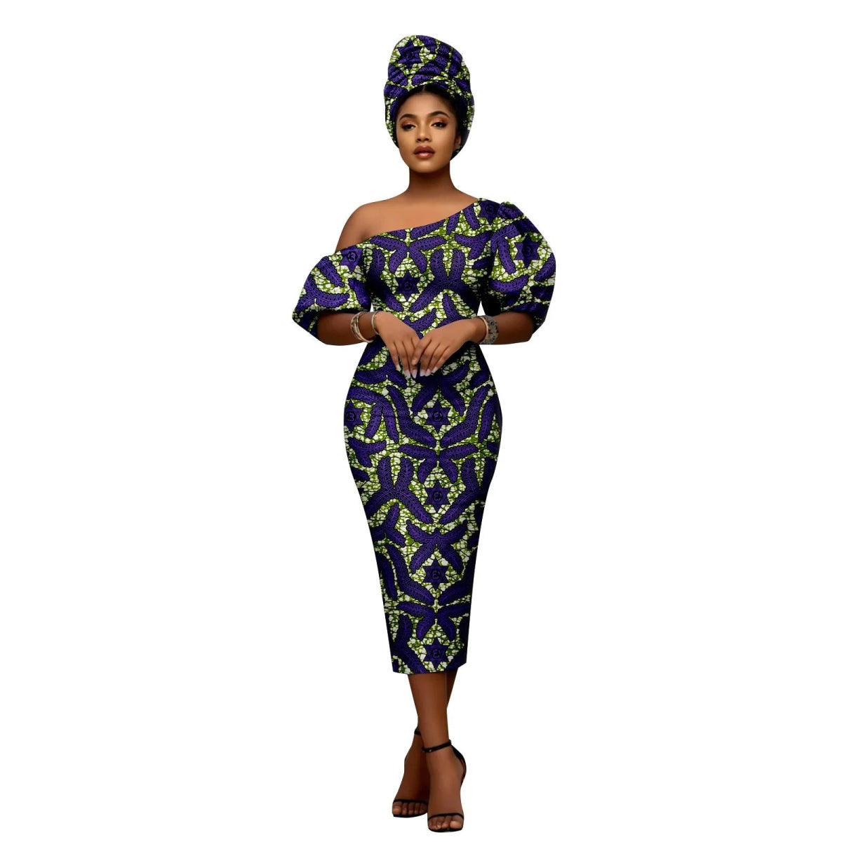 African Heritage Dress – Slim Fit Dashiki Gown with Puff Sleeves and Headwrap - Free Delivery Worldwide only at Flexi Africa