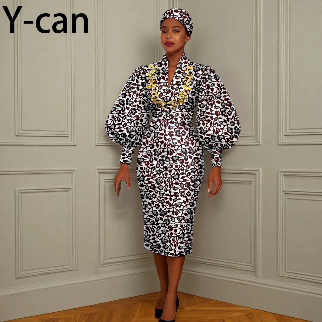 African Long Party Dress for Women – Puff Sleeve V - Neck Slim Dress Free Delivery Worldwide only at Flexi Africa