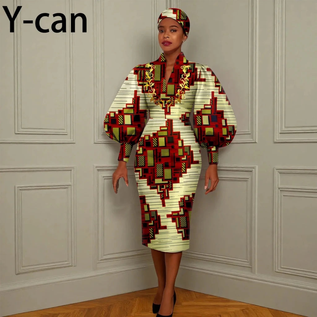 African Long Party Dress for Women – Puff Sleeve V - Neck Slim Dress Free Delivery Worldwide only at Flexi Africa