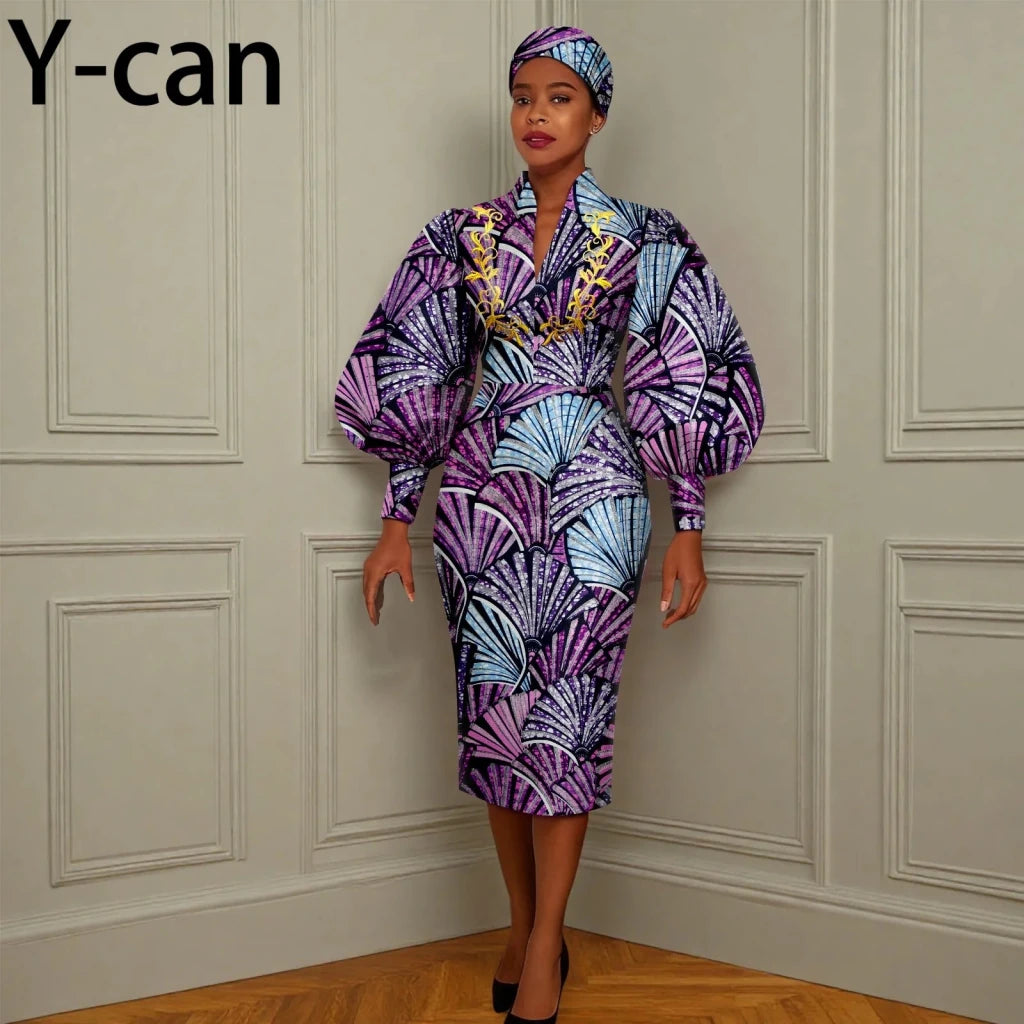 African Long Party Dress for Women – Puff Sleeve V - Neck Slim Dress Free Delivery Worldwide only at Flexi Africa