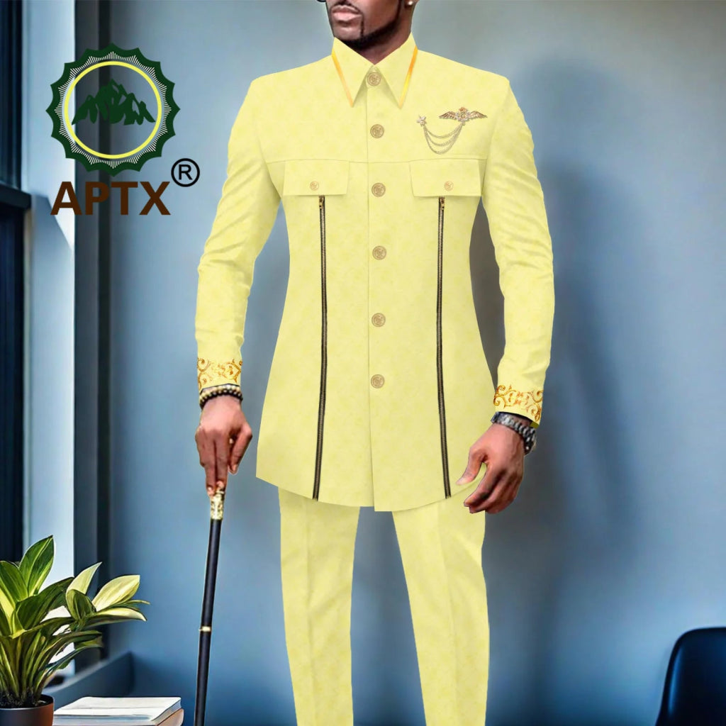African Men’s Bazin Riche Suit – Gold Embroidered Coat and Pants Set for Weddings and Formal Occasions - Free Delivery Worldwide only at Flexi Africa