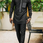 African Men’s Dashiki Outfit Set – Embroidered Round Neck Shirt & Elastic Waist Trousers (2PCS) - Free Delivery Worldwide only at Flexi Africa