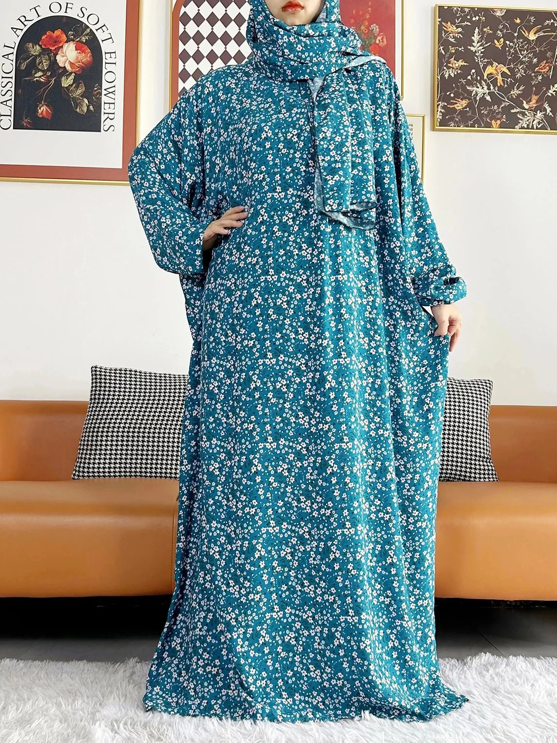 African Muslim Women Hooded Cotton Prayer Garment Kaftan With Hijab Floral Prints - Flexi Africa - www.flexiafrica.com