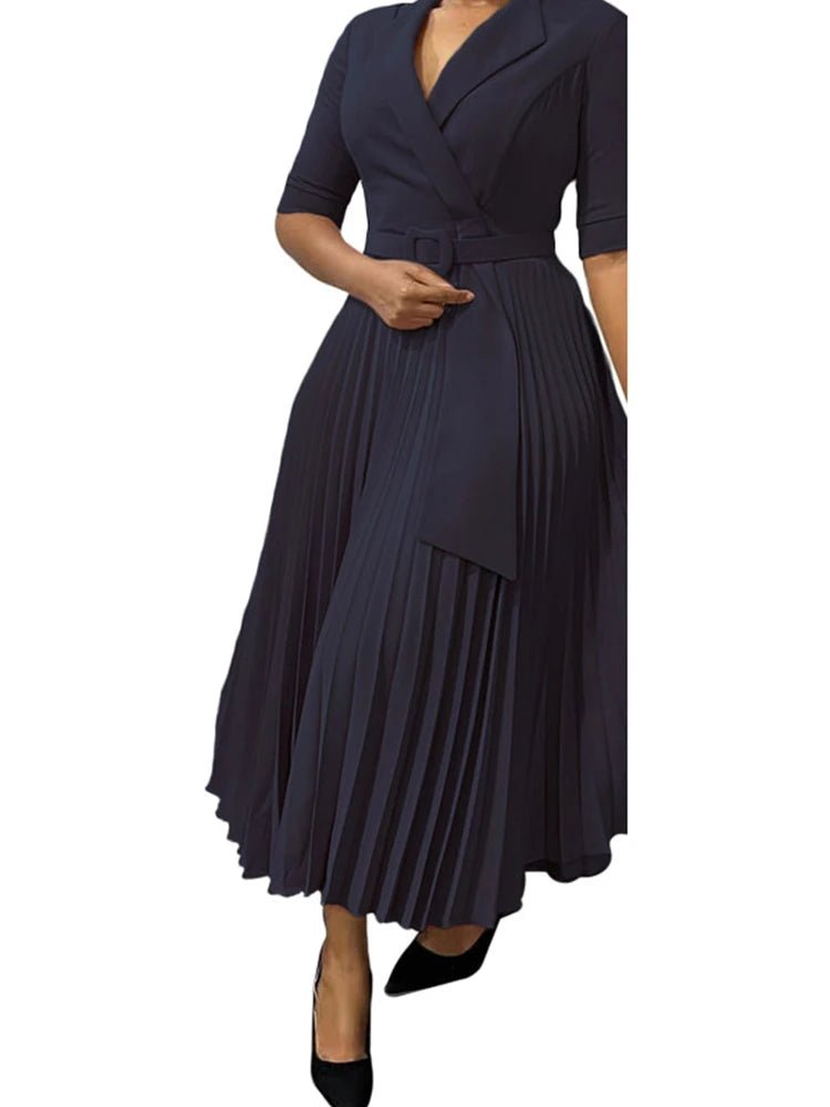 African Pleated A - Line Dress for Women – V - Neck High - Waist Office Dress with Belt - Free Delivery Worldwide only at Flexi Africa