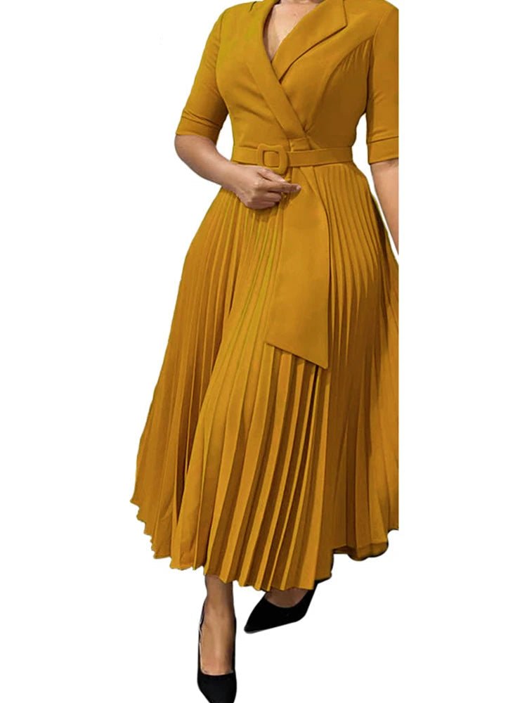 African Pleated A - Line Dress for Women – V - Neck High - Waist Office Dress with Belt - Free Delivery Worldwide only at Flexi Africa