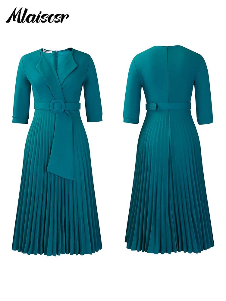 African Pleated A - Line Dress for Women – V - Neck High - Waist Office Dress with Belt - Free Delivery Worldwide only at Flexi Africa