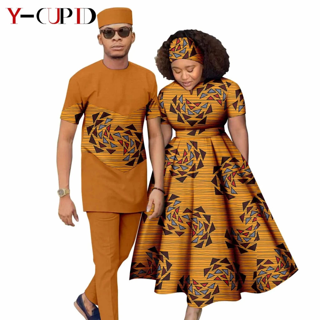African Print Couple Matching Set – Women’s Long Dress & Men’s Dashiki Pant Outfit - Free Delivery Worldwide only at Flexi Africa