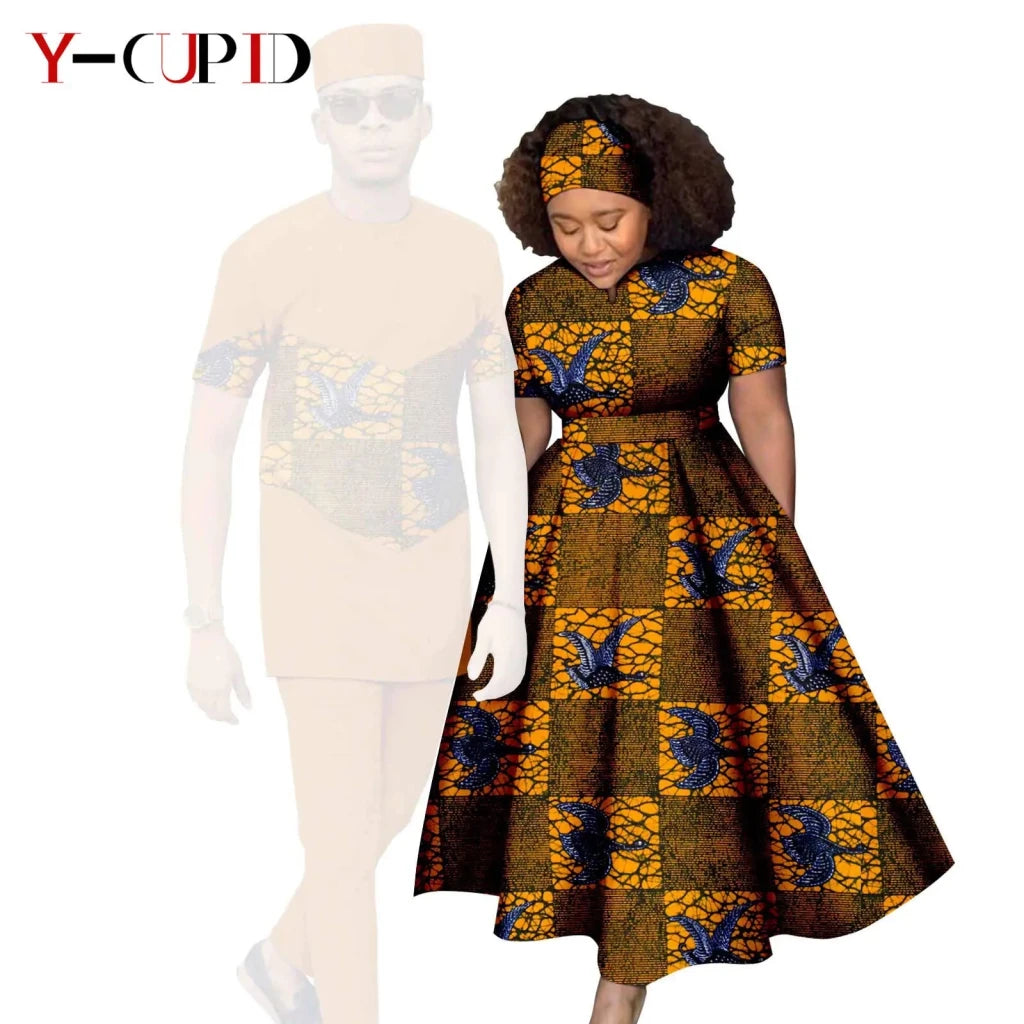 African Print Couple Matching Set – Women’s Long Dress & Men’s Dashiki Pant Outfit - Free Delivery Worldwide only at Flexi Africa