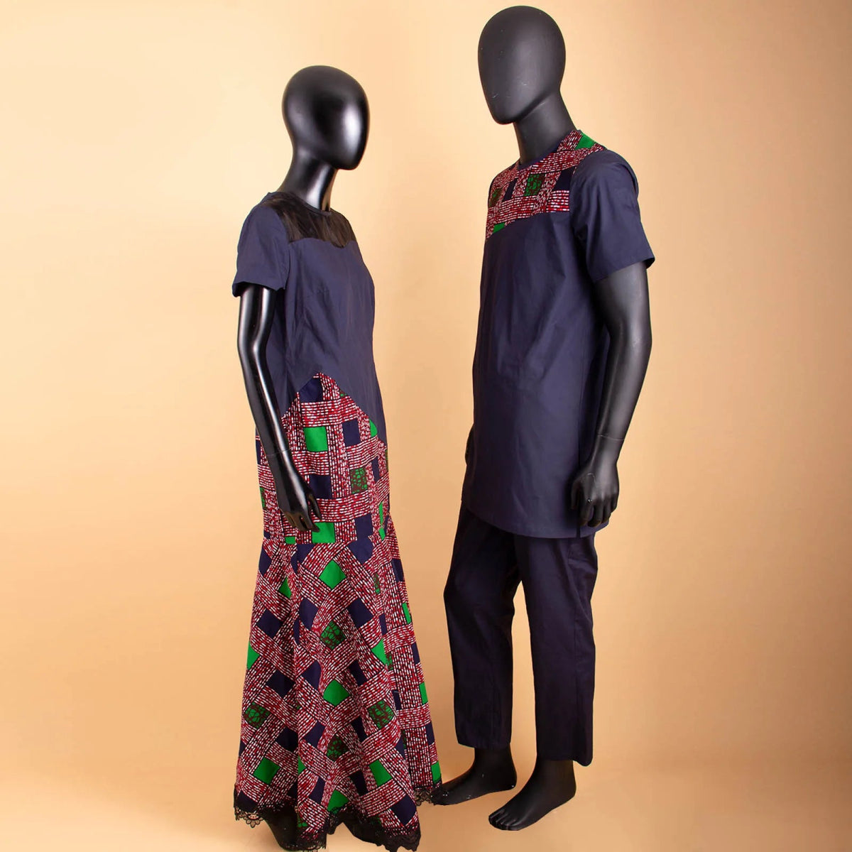African Print Couple Set – Women’s Lace Dress Paired with Men’s Dashiki Shirt and Pants - Free Delivery Worldwide only at Flexi Africa