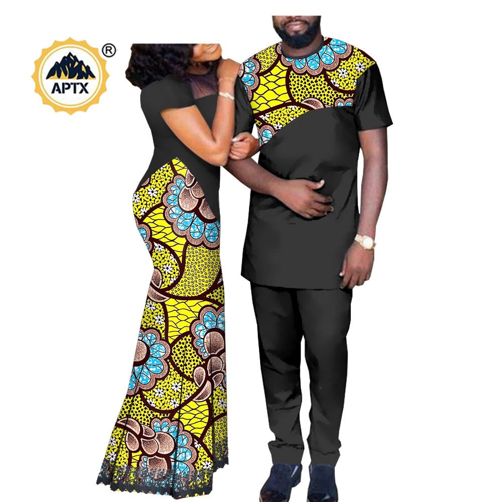 African Print Couple Set – Women’s Lace Dress Paired with Men’s Dashiki Shirt and Pants - Free Delivery Worldwide only at Flexi Africa