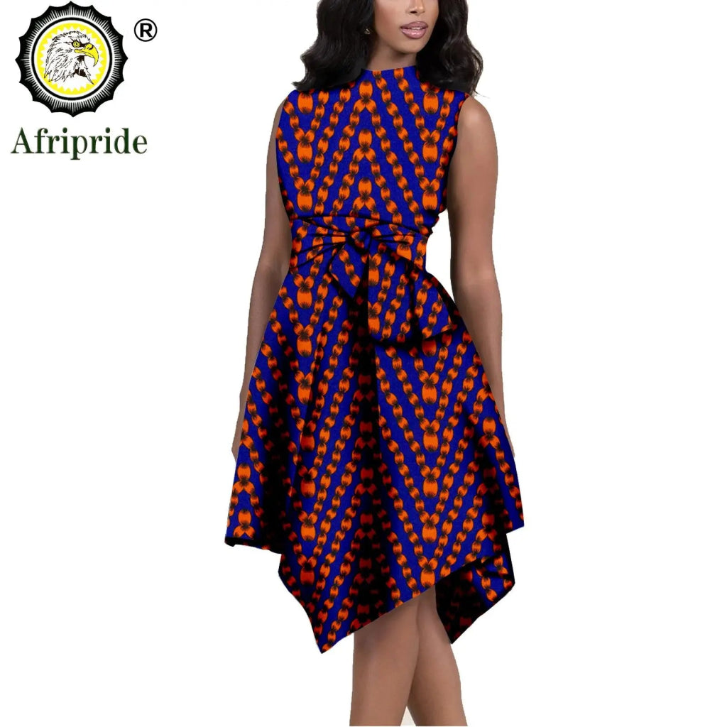 African Print Dresses for Women – Sleeveless Dashiki Ankara Knee Dress with Belt - Free Delivery Worldwide only at Flexi Africa