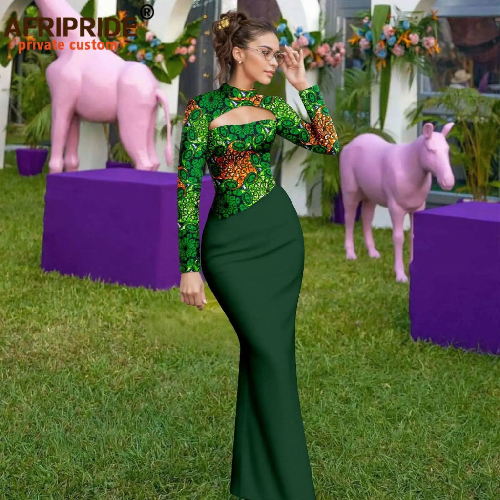 African Print Maxi Dress for Women – Ankara Full Sleeve High Neck Elegant Party Outfit - Free Delivery Worldwide only at Flexi Africa