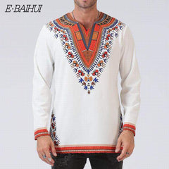 African Print Shirts for Men - White Polished Cotton Tops with Dashiki Design Plus Size Long T-shirts - Flexi Africa