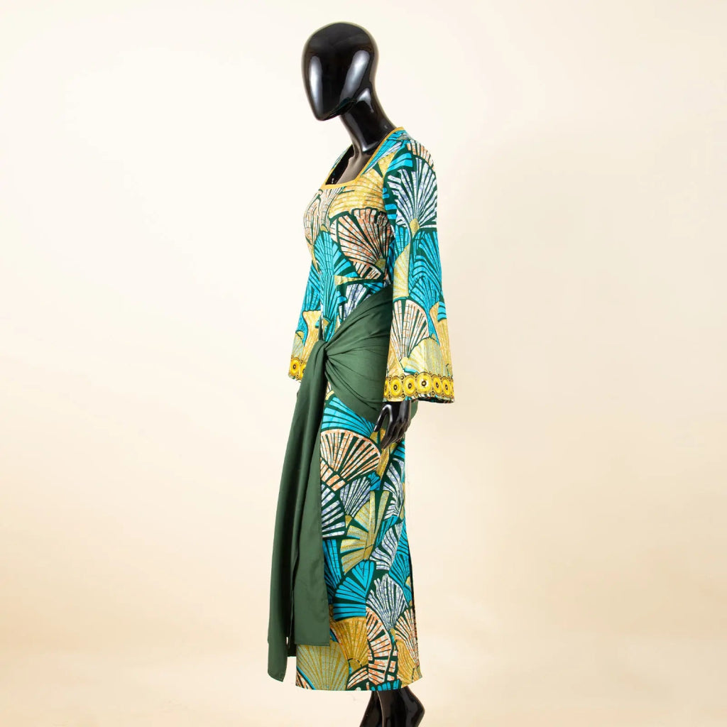 African Print Women’s Floor - Length Dress – Square Collar Long Sleeve Dashiki Gown with Belt - Free Delivery Worldwide only at Flexi Africa