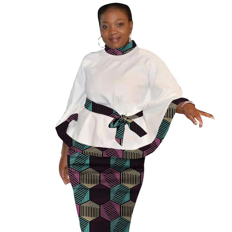 African Print Women’s Two - Piece Outfit – Tailored White Blouse and Belted Wax Skirt - Free Delivery Worldwide only at Flexi Africa