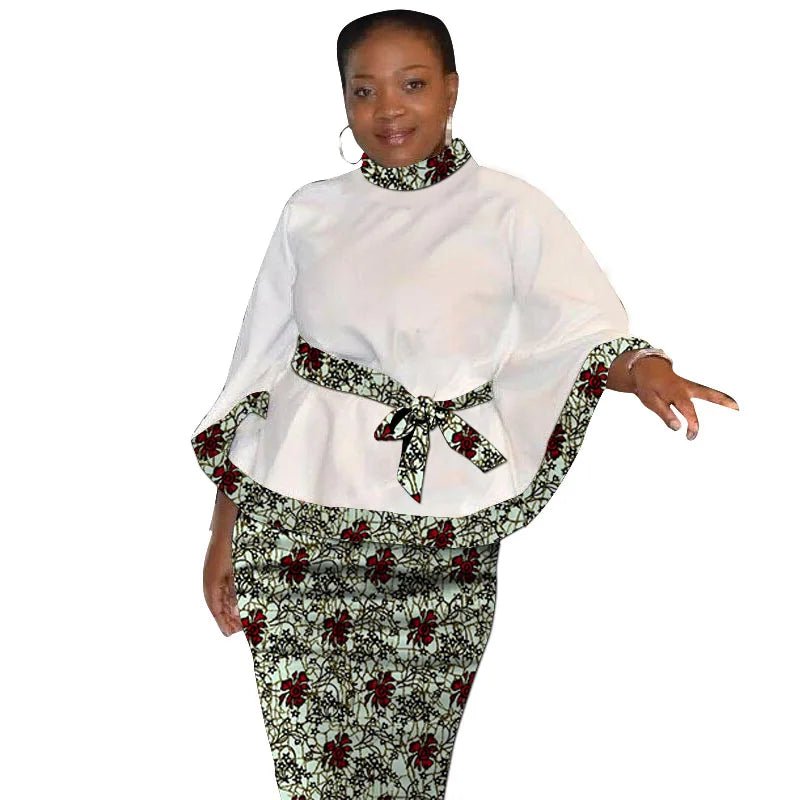 African Print Women’s Two - Piece Outfit – Tailored White Blouse and Belted Wax Skirt - Free Delivery Worldwide only at Flexi Africa