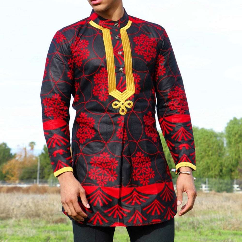 African Style Striped Print Long-Sleeved Men's T-Shirt - Flexi Africa - Free Delivery Worldwide only at www.flexiafrica.com