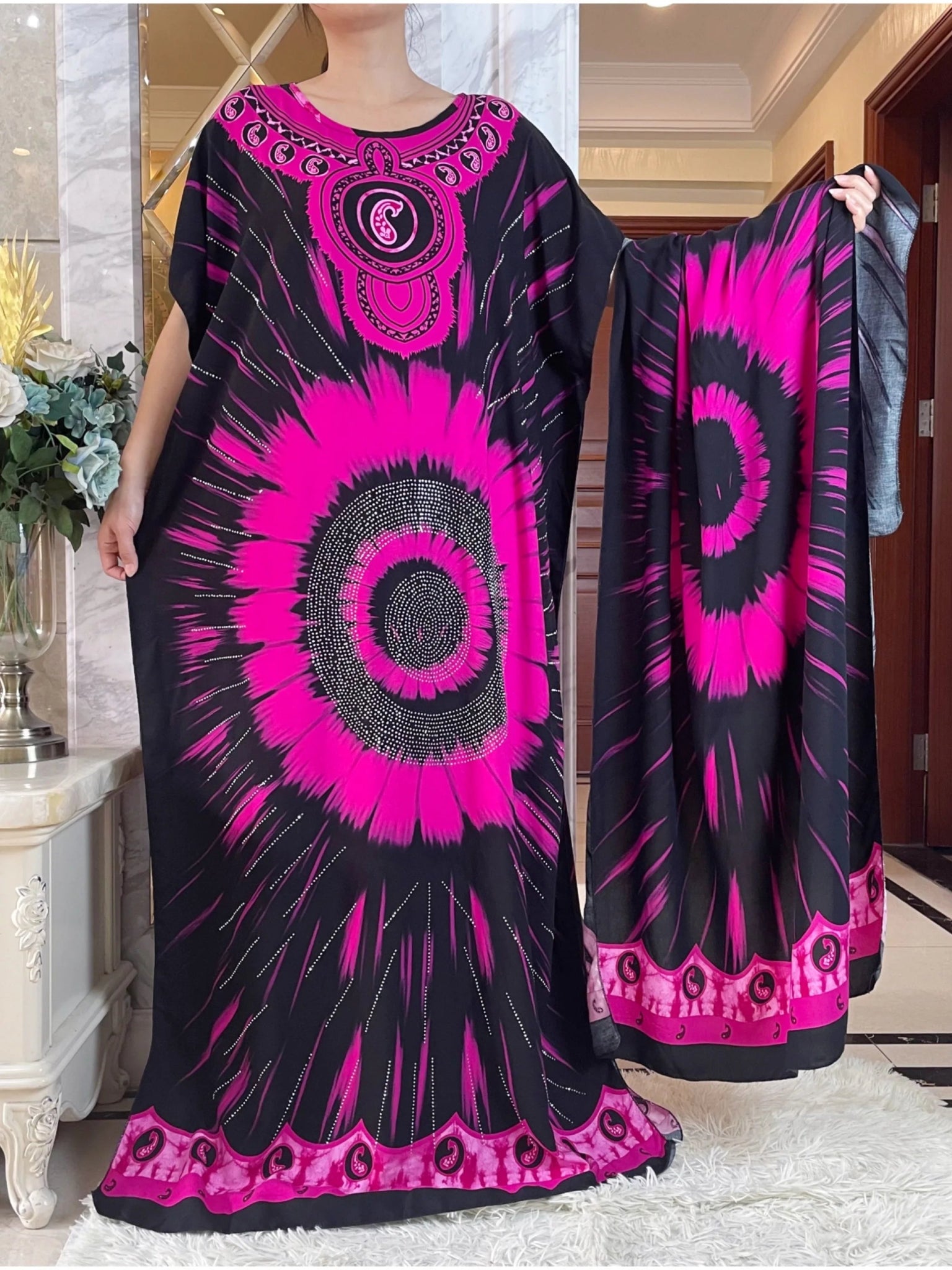 African Summer Abaya Dress: Short Sleeve Dashiki Design with Oversized Floral Scarf - Flexi Africa - Flexi Africa offers Free Delivery Worldwide - Vibrant African traditional clothing showcasing bold prints and intricate designs