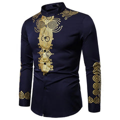 African Tribal Dashiki Totem Print Slim Fit Long Sleeve Mandarin Collar Men's Dress Shirt - Flexi Africa www.flexiafrica.com