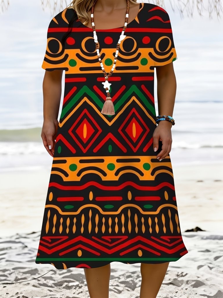 African Tribal Print T-Shirt Dress – Bold Geometric Beach Wear - Free Delivery Worldwide only at Flexi Africa