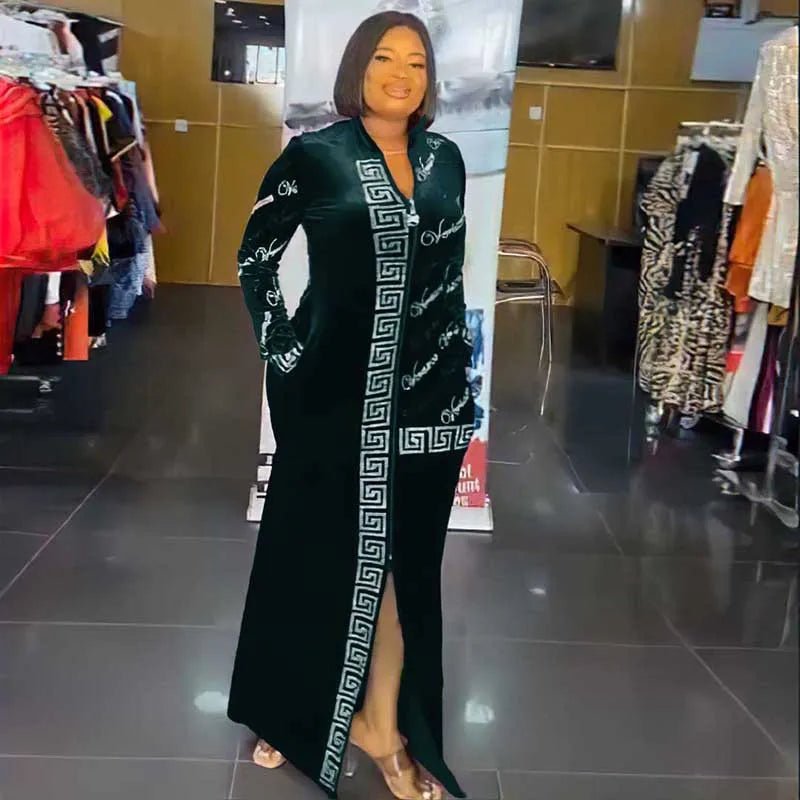 African Velvet Maxi Dress: Letter Robe Style with Sequins, O-Neck and Short Sleeves - Flexi Africa - Flexi Africa offers Free Delivery Worldwide - Vibrant African traditional clothing showcasing bold prints and intricate designs