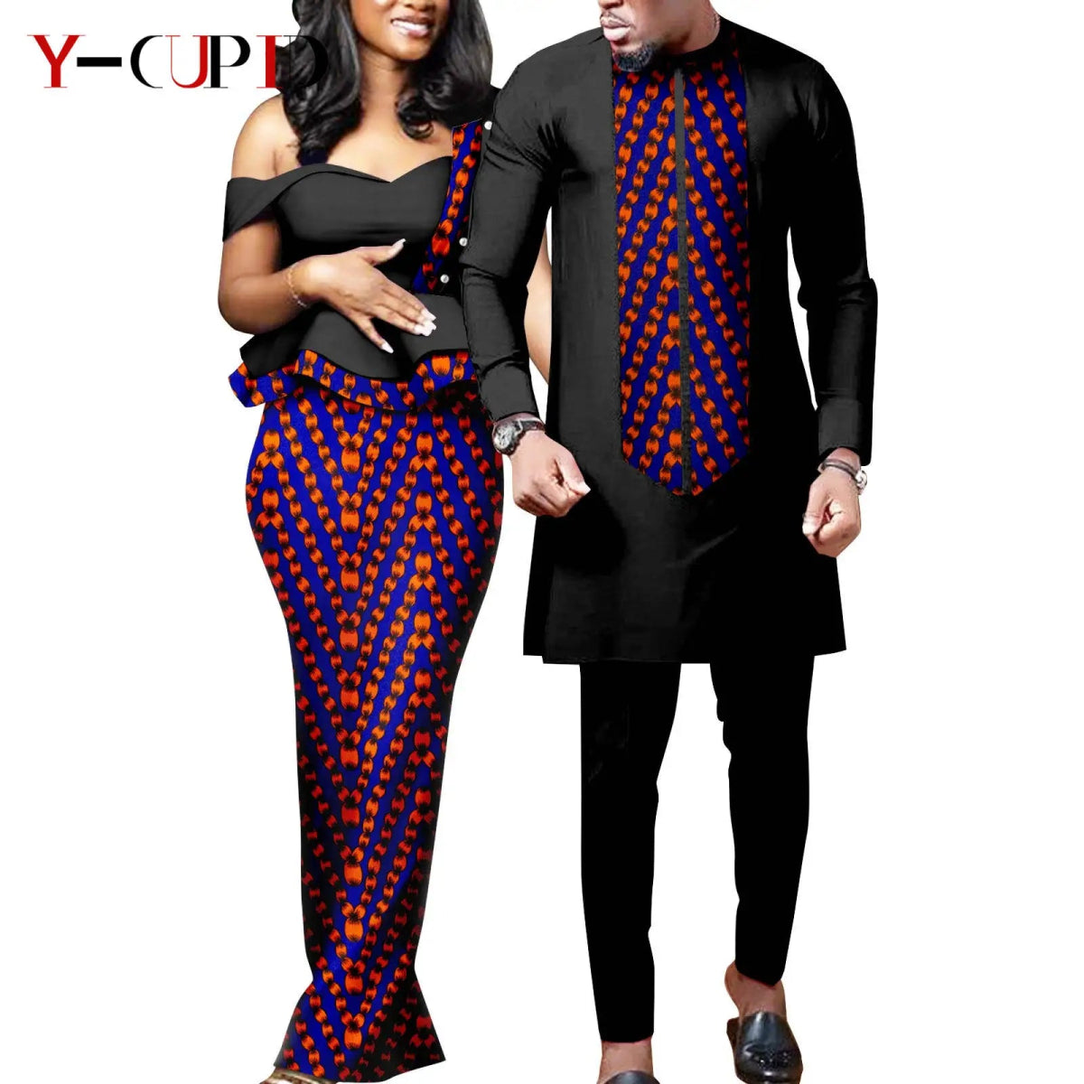 African Wedding Couple Set – Women’s Dashiki Print Dress & Men’s Kaftan Top and Pant Outfit - Free Delivery Worldwide only at Flexi Africa