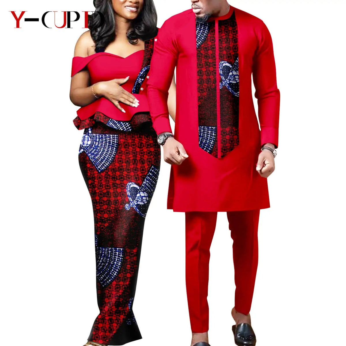 African Wedding Couple Set – Women’s Dashiki Print Dress & Men’s Kaftan Top and Pant Outfit - Free Delivery Worldwide only at Flexi Africa