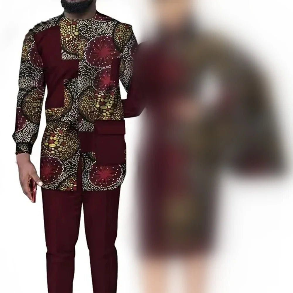 African Wedding Matching Outfit – Slim Women’s Dress and Men’s Patchwork Shirt with Pants - Free Delivery Worldwide only at Flexi Africa