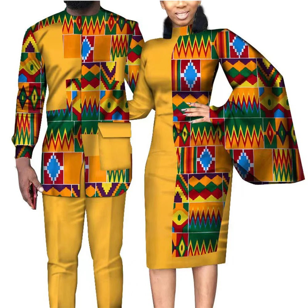 African Wedding Matching Outfit – Slim Women’s Dress and Men’s Patchwork Shirt with Pants - Free Delivery Worldwide only at Flexi Africa