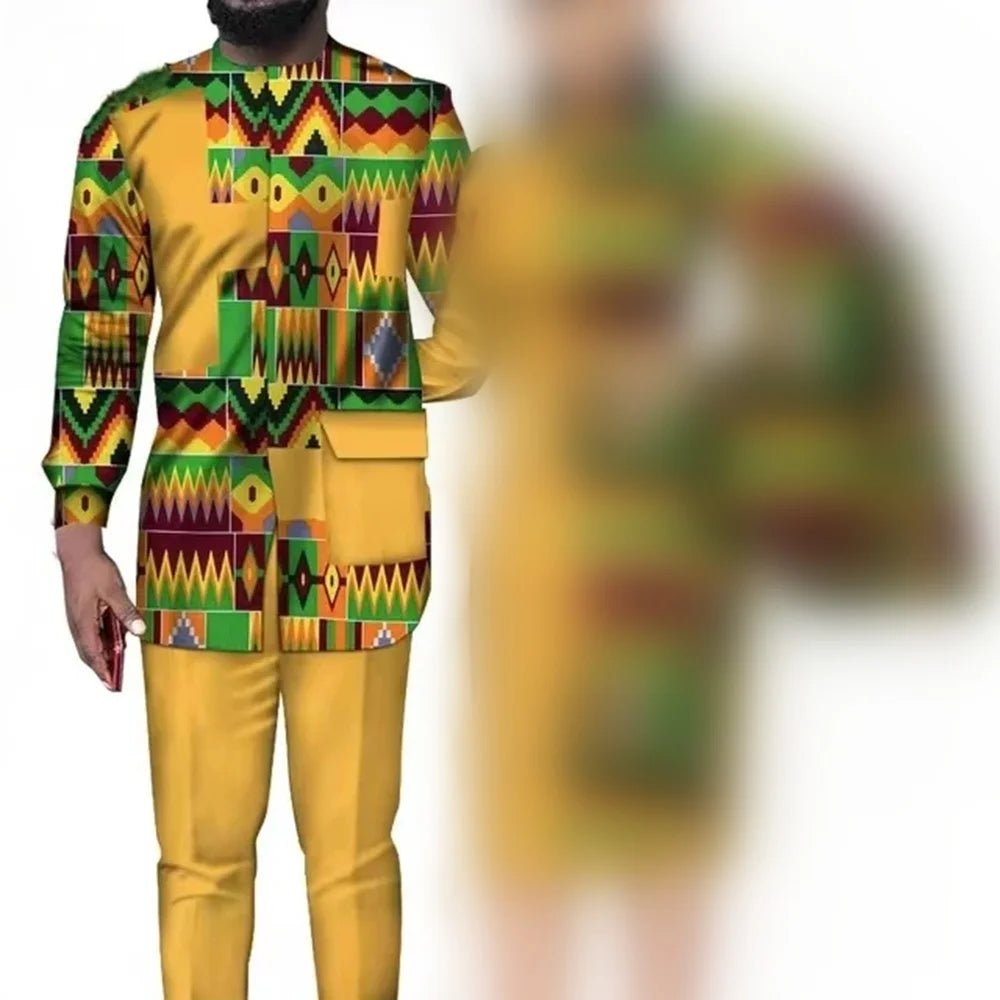 African Wedding Matching Outfit – Slim Women’s Dress and Men’s Patchwork Shirt with Pants - Free Delivery Worldwide only at Flexi Africa