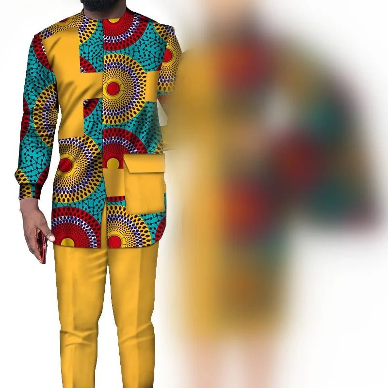 African Wedding Matching Outfit – Slim Women’s Dress and Men’s Patchwork Shirt with Pants - Free Delivery Worldwide only at Flexi Africa