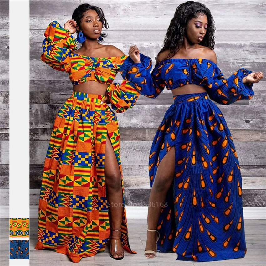 African Women’s 2 - Piece Dress Set – Dashiki Print Off - Shoulder Long Sleeve Top & Split Skirt Outfit - Free Delivery Worldwide only at Flexi Africa