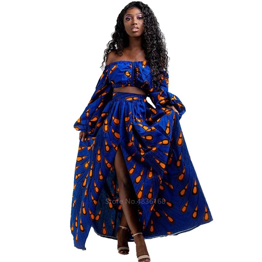 African Women’s 2 - Piece Dress Set – Dashiki Print Off - Shoulder Long Sleeve Top & Split Skirt Outfit - Free Delivery Worldwide only at Flexi Africa