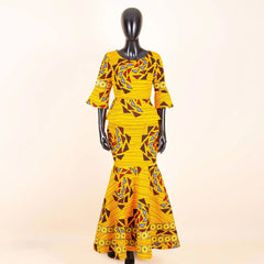 African Women's 2PC Dress – Loose - Fit Gold Printed Fabric with Flared Sleeves - Free Delivery Worldwide only at Flexi Africa