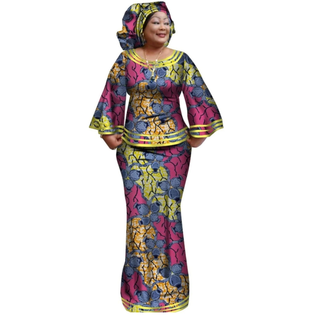 African Women’s Ankara Print 2PC Outfit – Long Sleeve Dashiki Top & Skirt Set with Matching Headwrap - Free Delivery Worldwide only at Flexi Africa