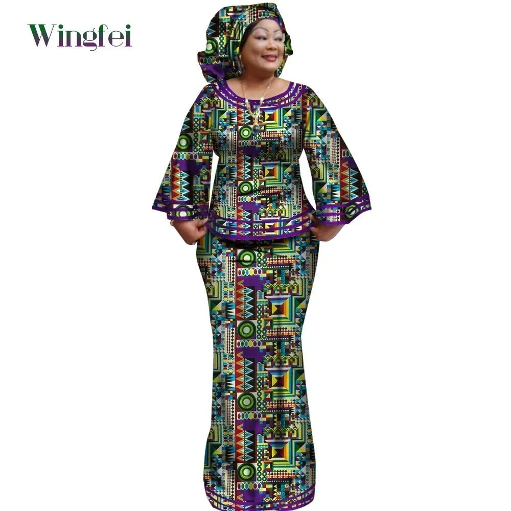African Women’s Ankara Print 2PC Outfit – Long Sleeve Dashiki Top & Skirt Set with Matching Headwrap - Free Delivery Worldwide only at Flexi Africa