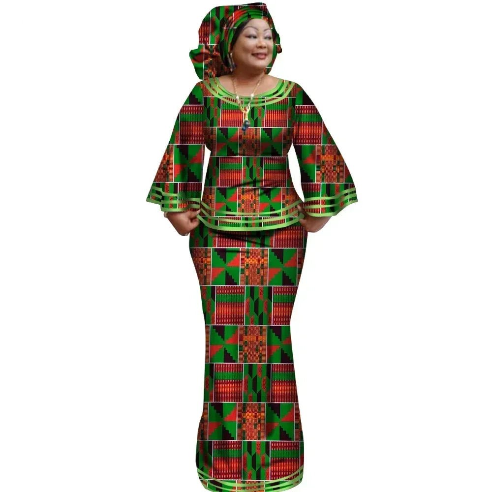 African Women’s Ankara Print 2PC Outfit – Long Sleeve Dashiki Top & Skirt Set with Matching Headwrap - Free Delivery Worldwide only at Flexi Africa