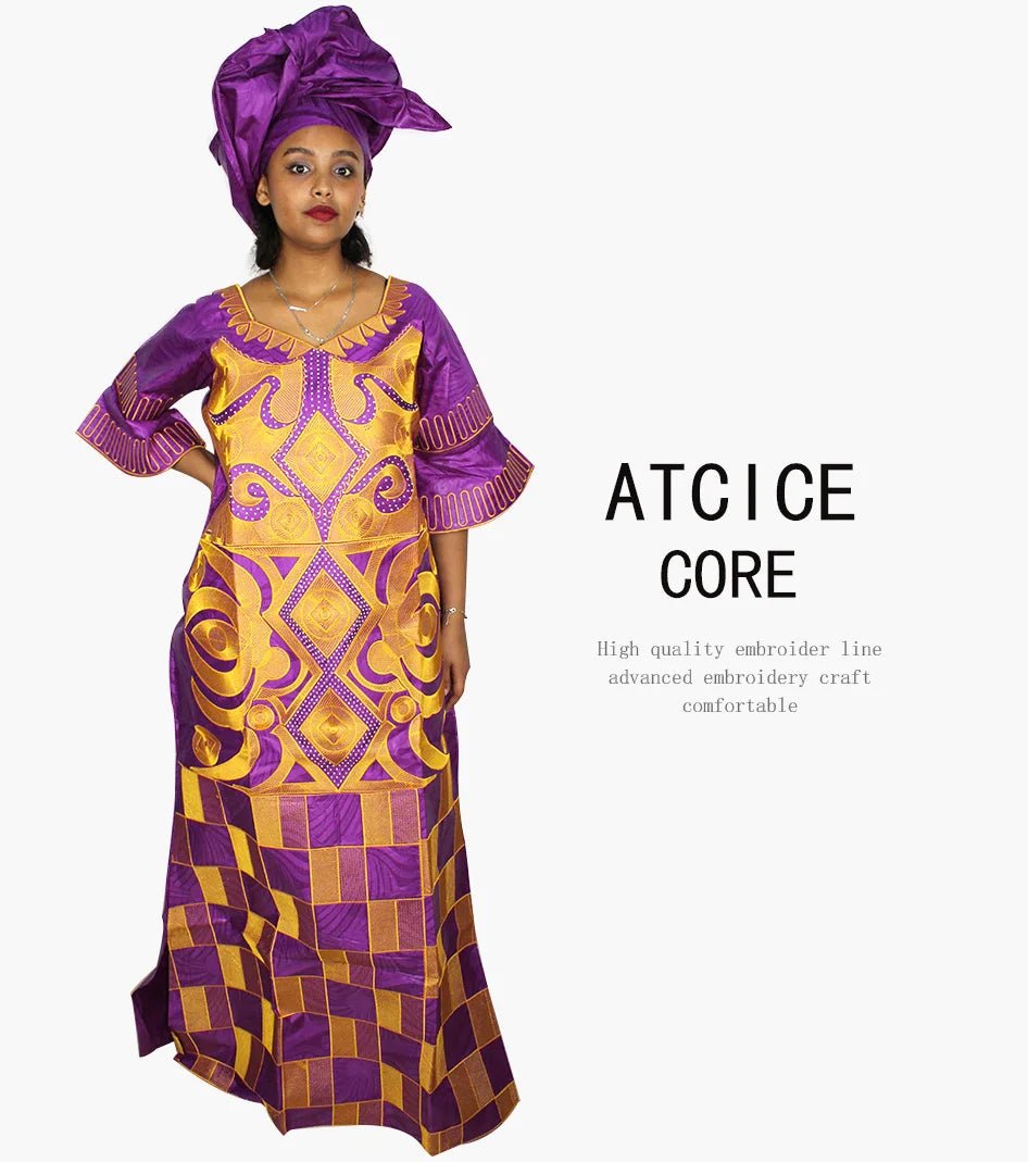 African Women's Bazin Riche Embroidered Plus - Size Long Dress with Matching Scarf - Free Delivery Worldwide only at Flexi Africa