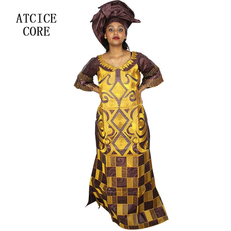 African Women's Bazin Riche Embroidered Plus - Size Long Dress with Matching Scarf - Free Delivery Worldwide only at Flexi Africa