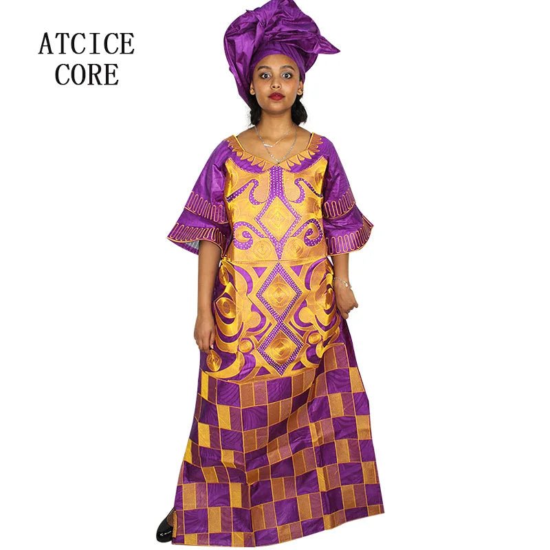 African Women's Bazin Riche Embroidered Plus - Size Long Dress with Matching Scarf - Free Delivery Worldwide only at Flexi Africa