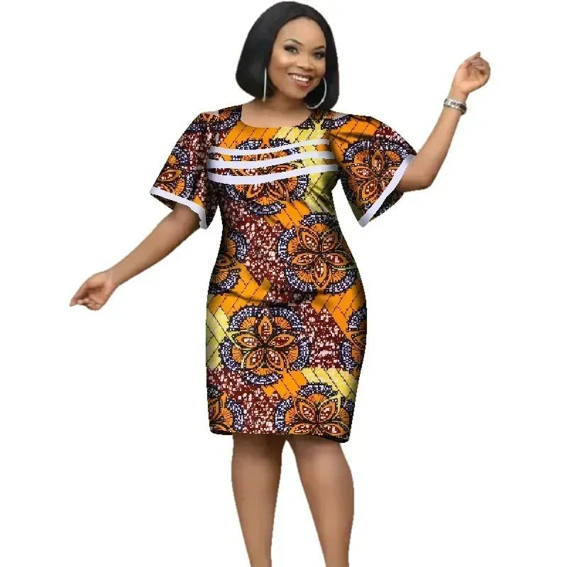 African Women’s Cotton Wax Print Dress – Dashiki Short Sleeve O - Neck Pencil Dress - Free Delivery Worldwide only at Flexi Africa