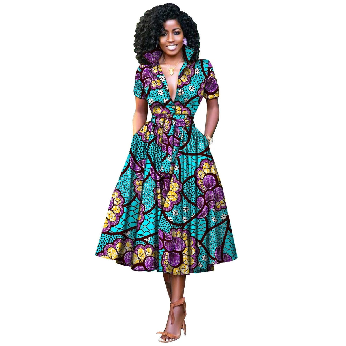 African Women’s Dress – Elegant V - Neck Short Sleeve High - Waist Formal Dress - Free Delivery Worldwide only at Flexi Africa