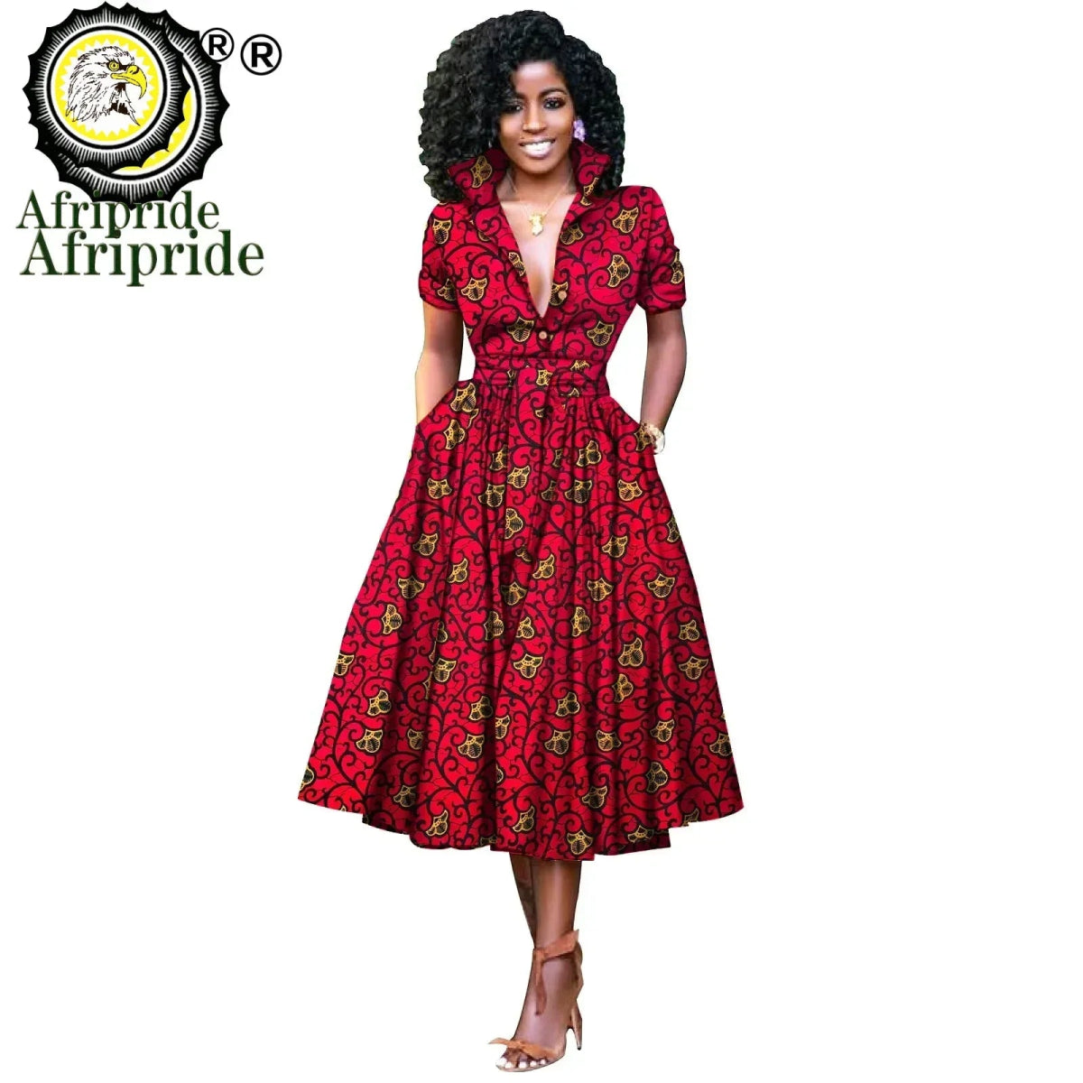 African Women’s Dress – Elegant V - Neck Short Sleeve High - Waist Formal Dress - Free Delivery Worldwide only at Flexi Africa