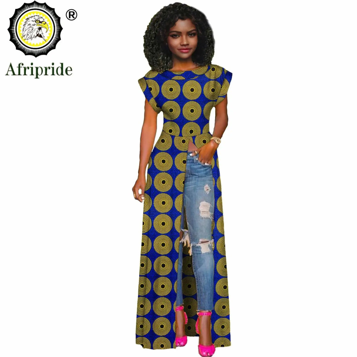 African Women's Long Trench Coat – Short Sleeve Bazin Riche Overcoat - Free Delivery Worldwide only at Flexi Africa