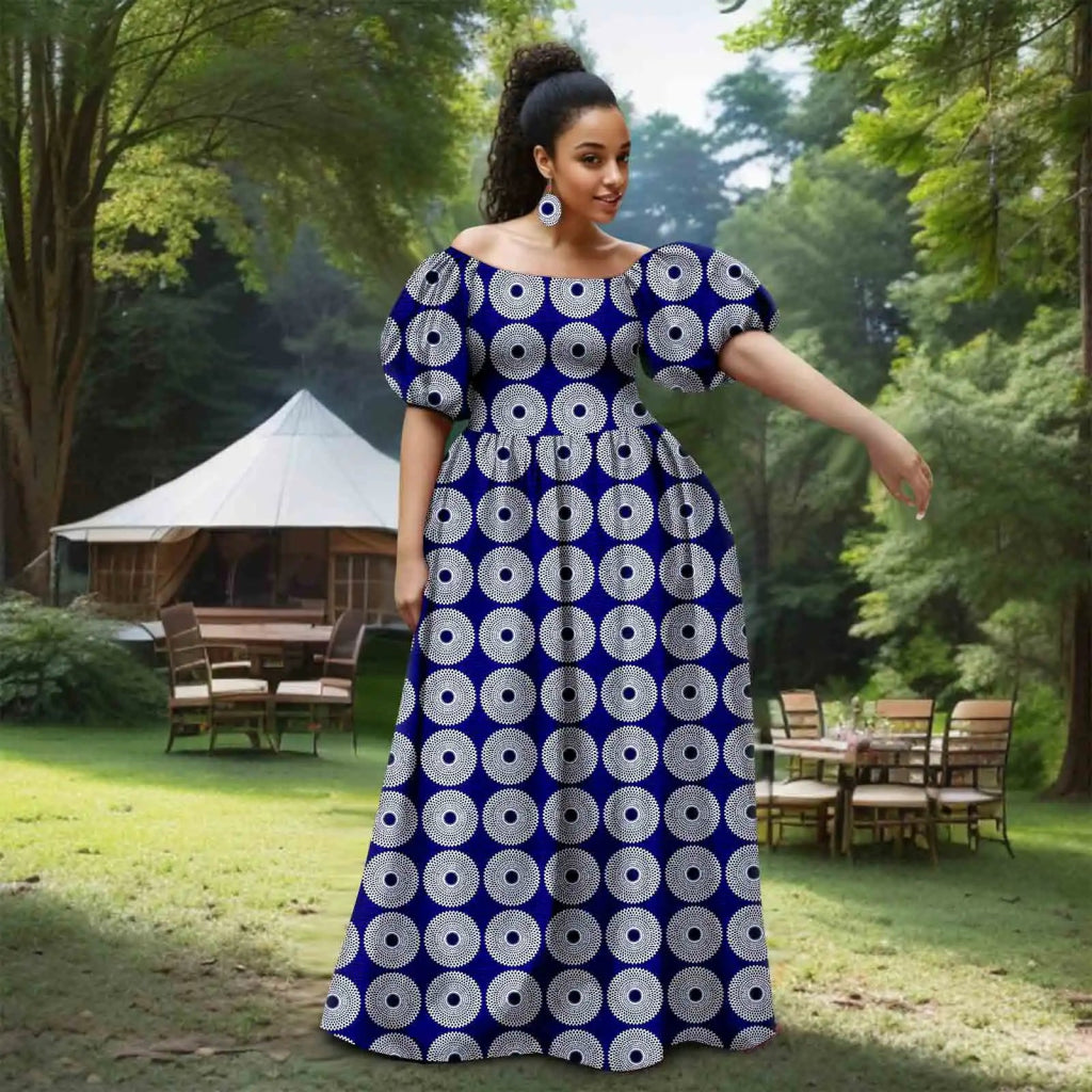 African Women’s Strapless Dress with Bubble Sleeves & Matching Earrings - Free Delivery Worldwide only at Flexi Africa